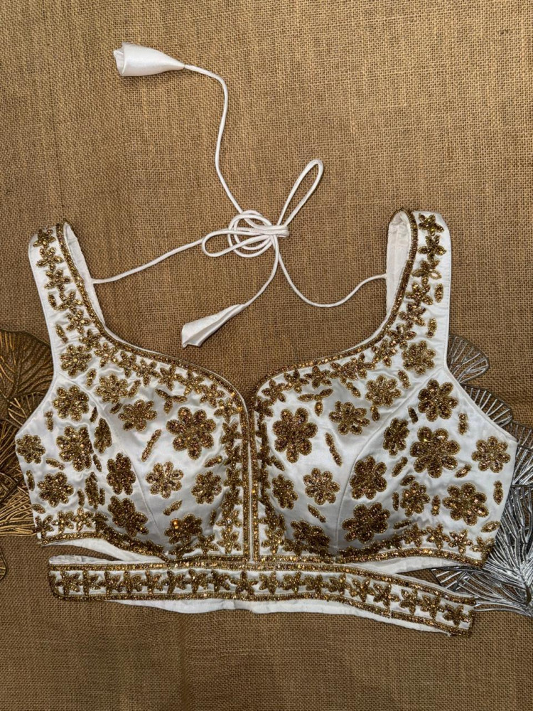 Image of White Hand Embroidered Sleeveless Saree Blouse