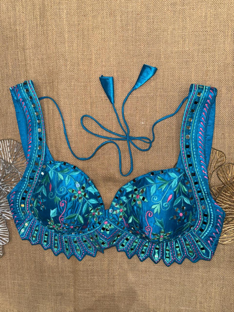 Image of Choli Cut Embroidered Sleeveless Saree Blouse