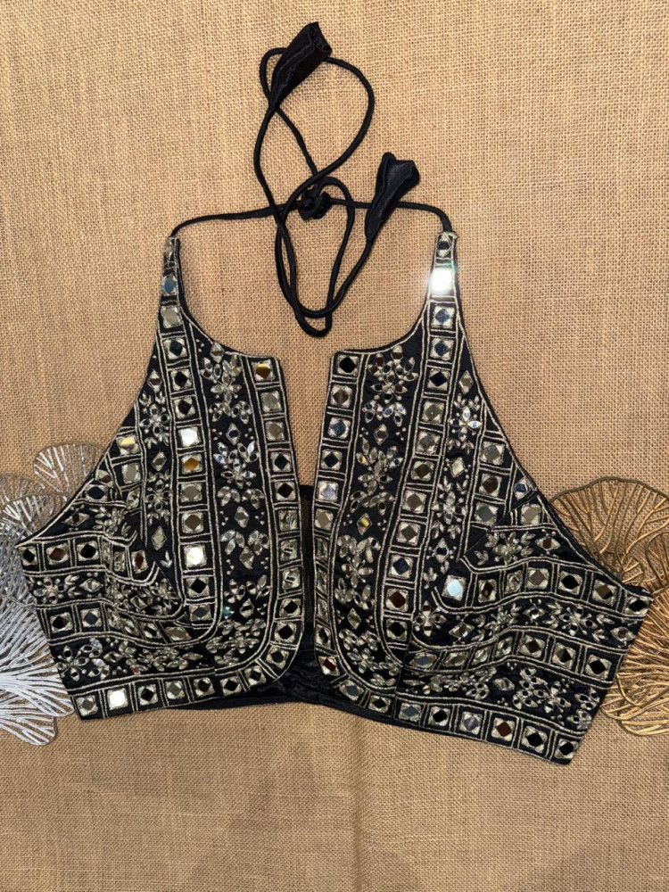 Image of Black Mirror Work Halter Neck Blouse