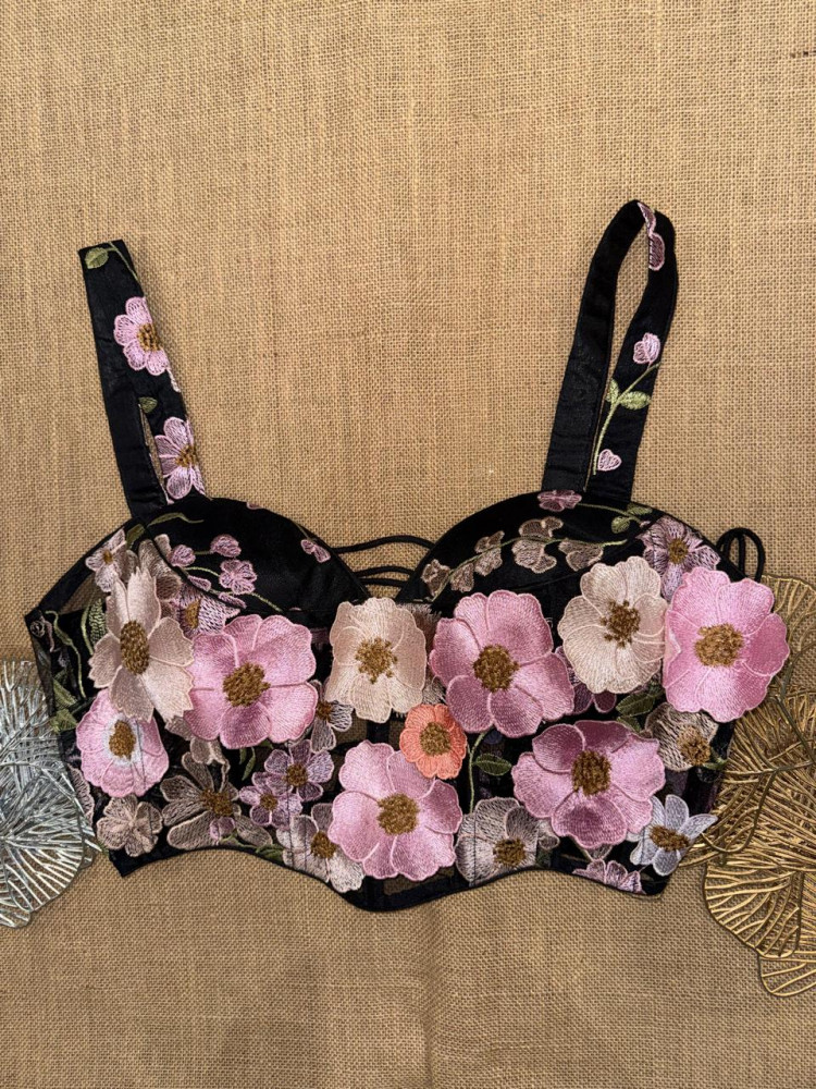 Image of Black Floral Applique Corset Blouse