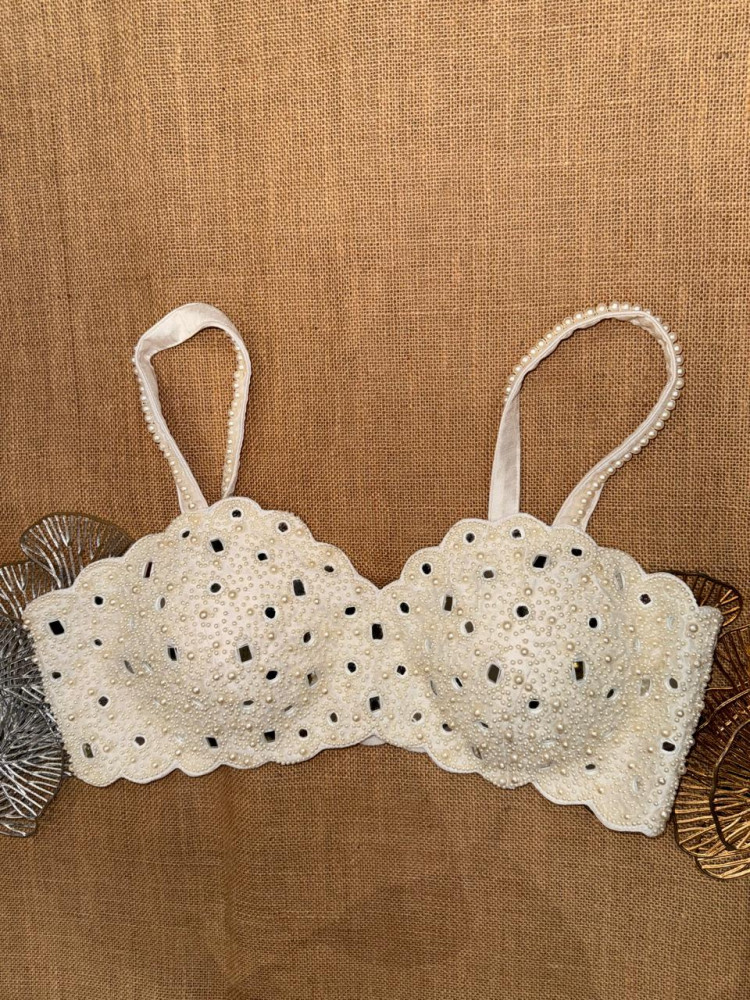 Image of White Hand Bead And Mirror Work Party Blouse