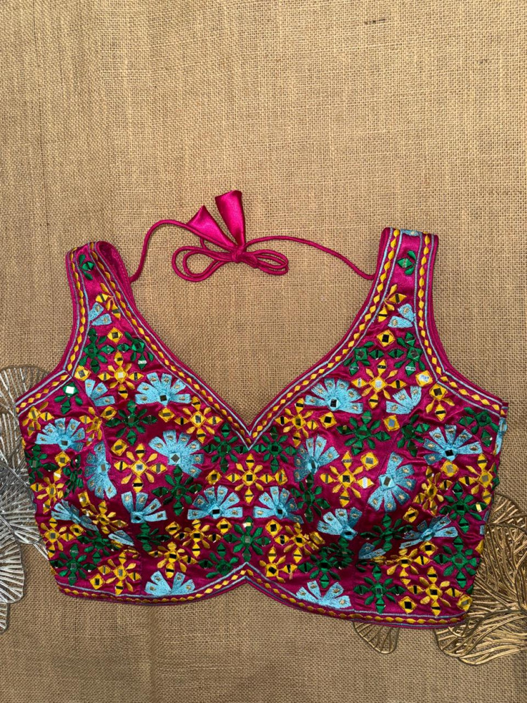 Image of Multicolor Embroidery Sleeveless Saree Blouse