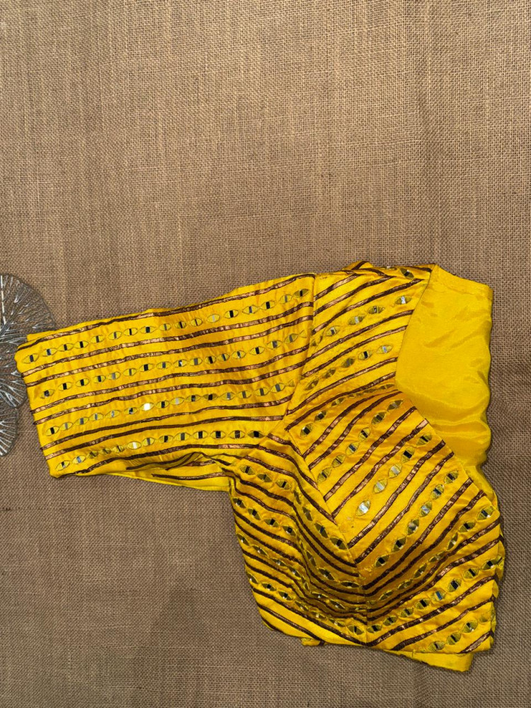 Image of Yellow Mirror Work Blouse With Elbow Sleeveless