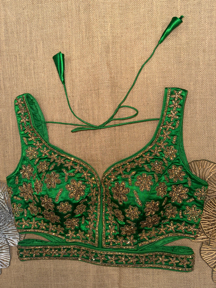 Image of Green Zircon Bead Work Sleeveless Blouse