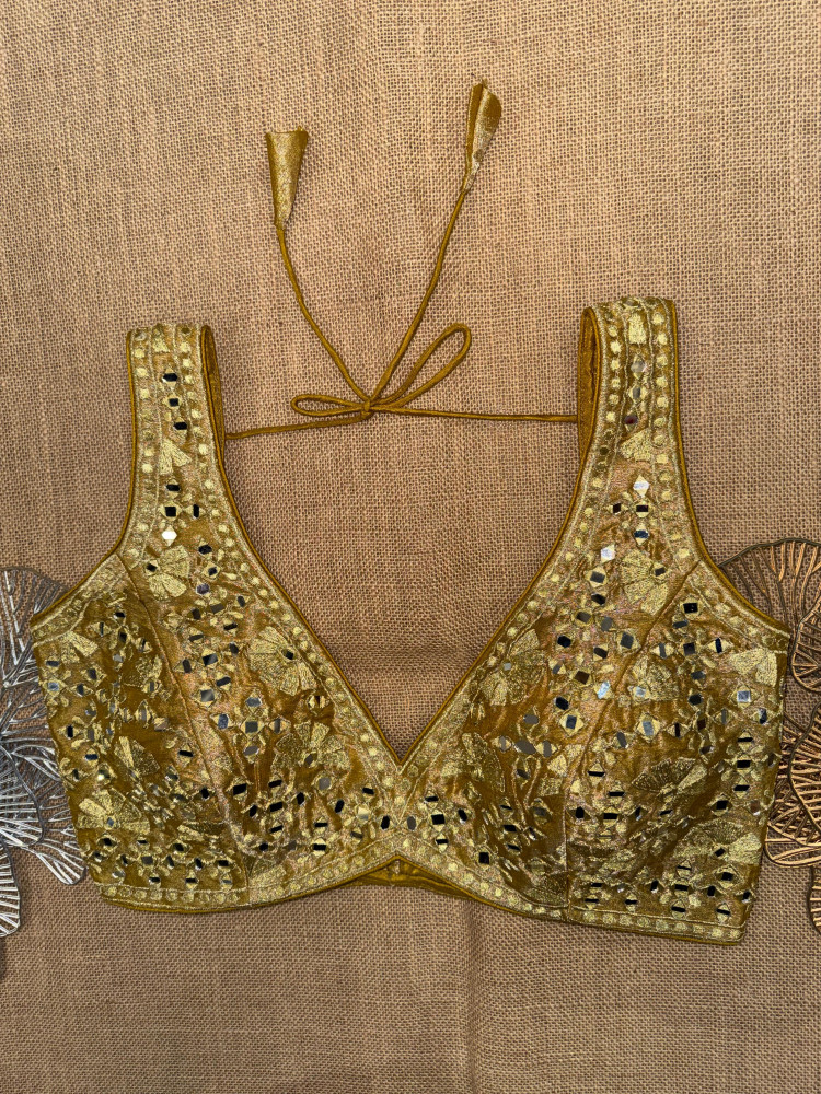 Image of Golden Zari Mirror Work Sleeveless Blouse