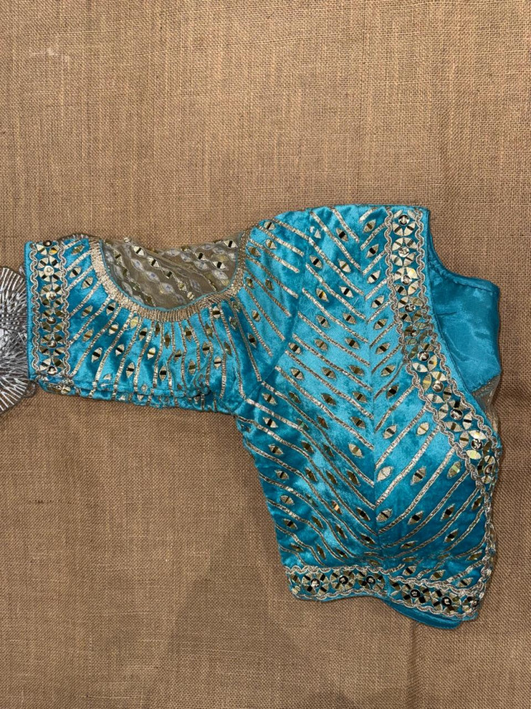 Image of Sky Blue Mirror And Gota Work Velvet Blouse