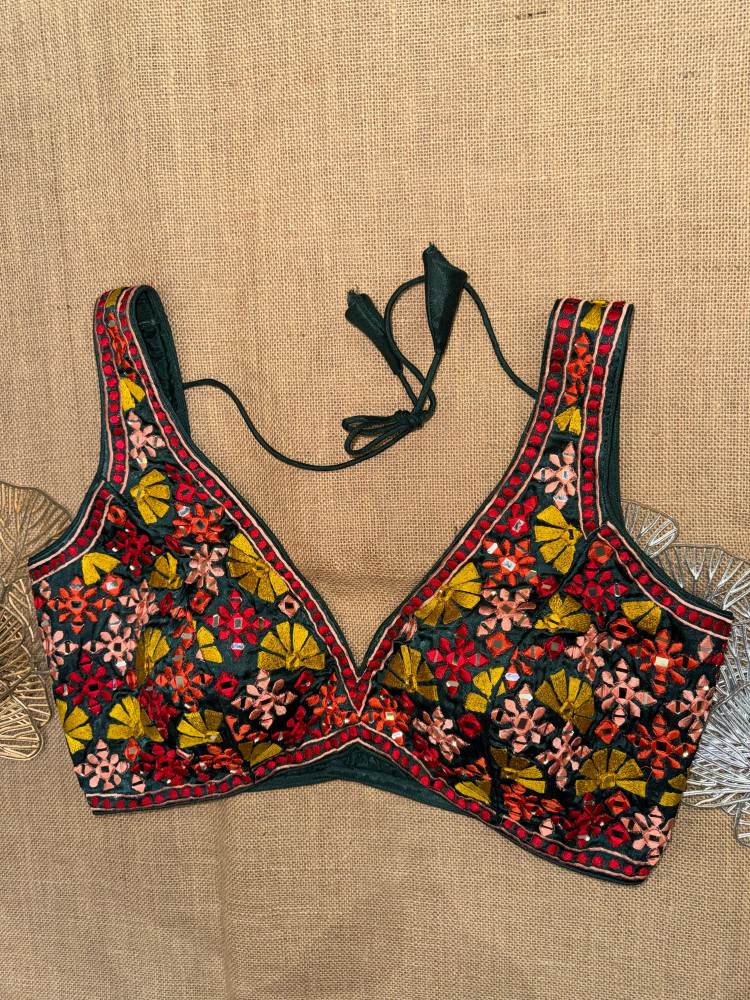 Image of Multicolor Embroidery Sleeveless Mirror Sari Blouse