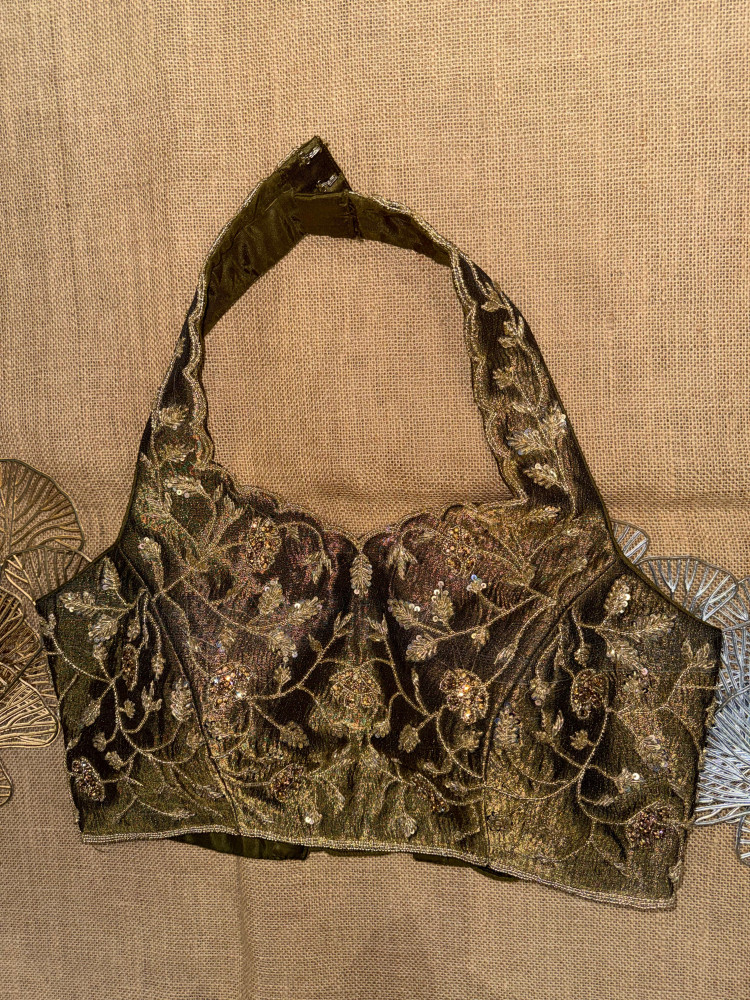 Image of Hand Embroidery Halter Neck Sari Blouse