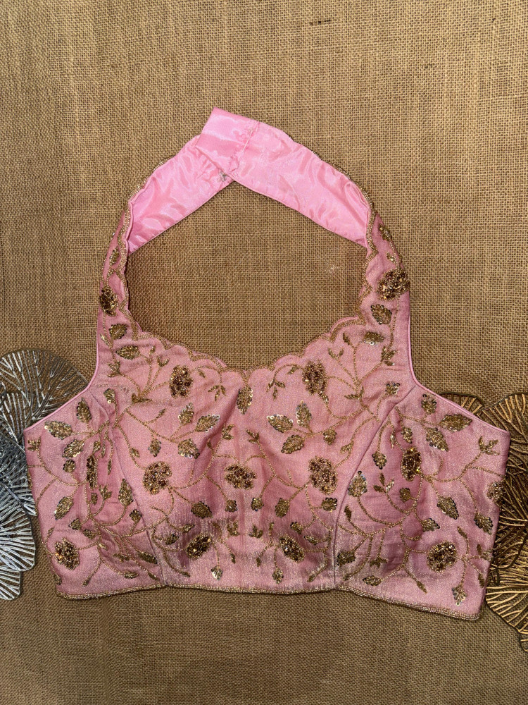 Image of Pure Tissue Hand Embroidery Halter Sari Blouse