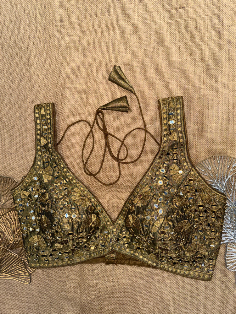 Image of Antique Golden Mirror Zari Work Sleeveless Blouse