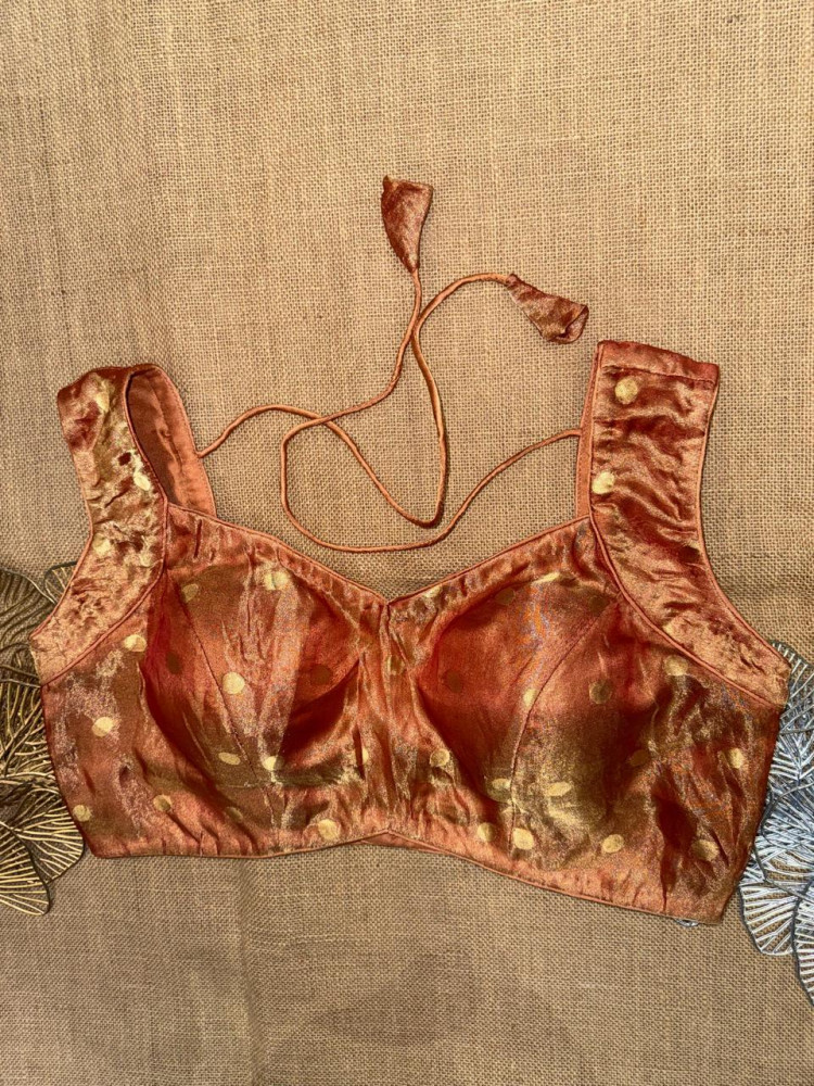 Image of Orange Pure Tissue Sleeveless Blouse With Buta