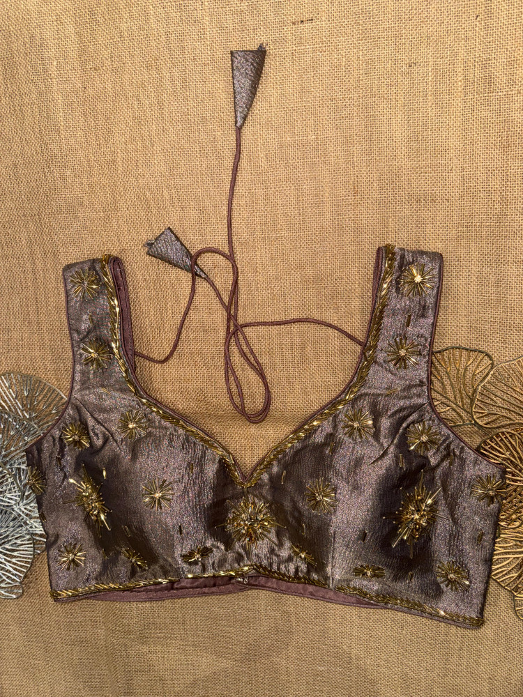Image of Pure Tissue Sleeveless Blouse With Pipe Bead Work