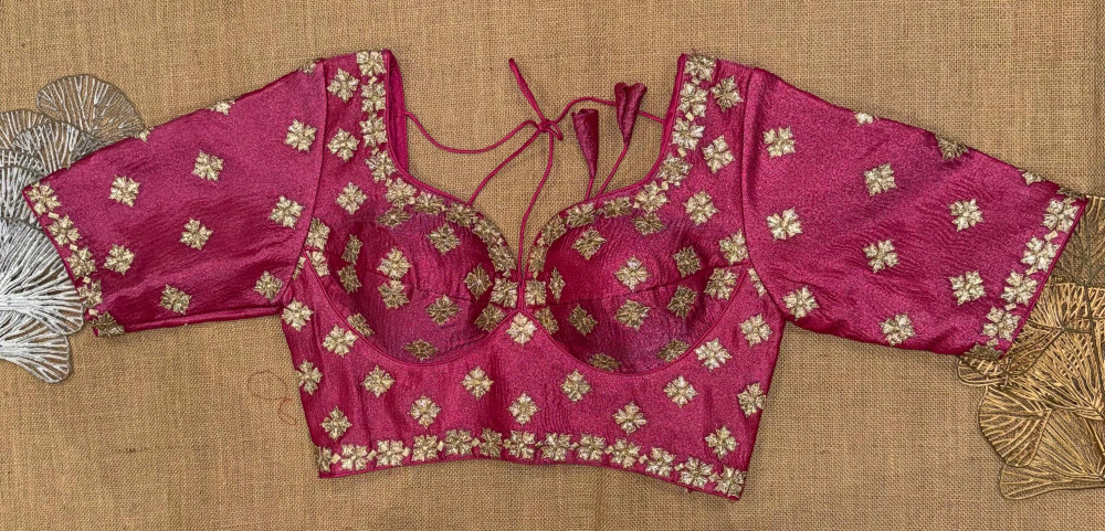 Image of Choli Cut Elbow Sleeve Embroidered Blouse