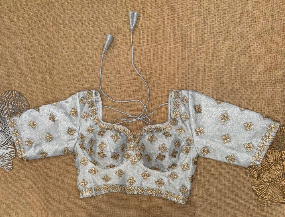 Image of Choli Cut Elbow Sleeve Embroidered Blouses