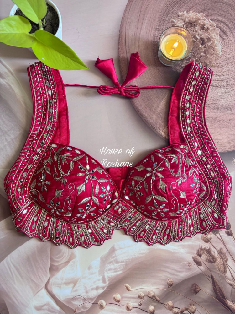 Image of Red Pink Mirror Bead Work Cut Out Blouse