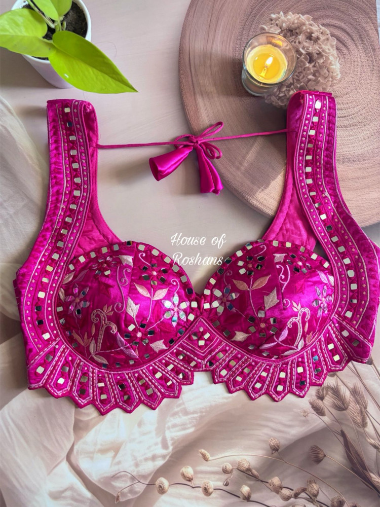 Image of Fuchsia Pink Mirror Thread Work Cut Out Blouse