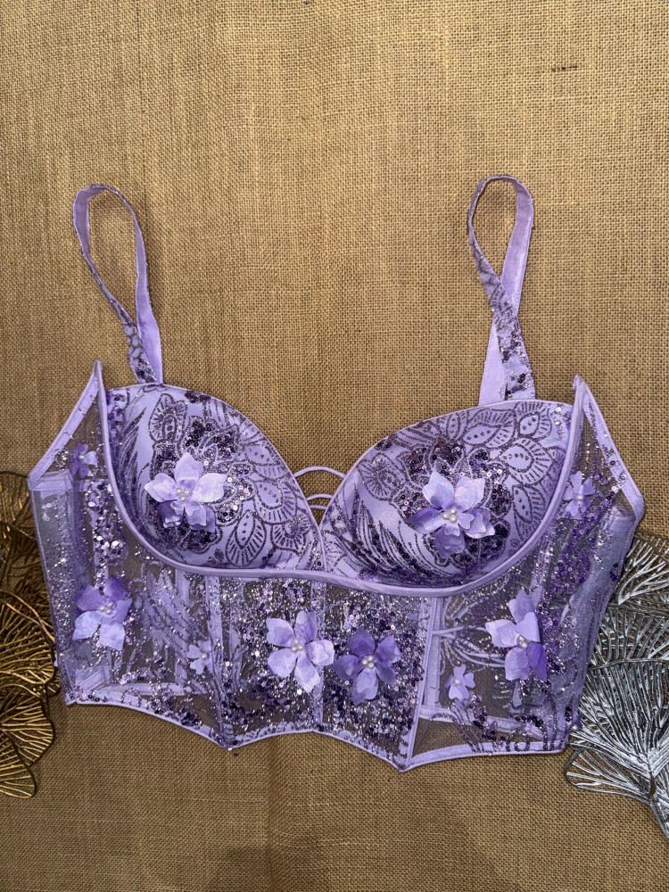 Image of Lavender Floral Applique Work Corset Blouse