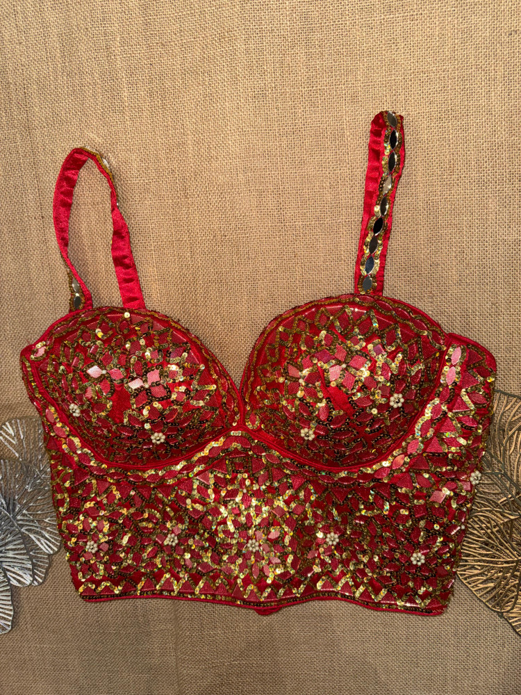 Image of Red Mirror And Sequin Hand Embroidery Corset