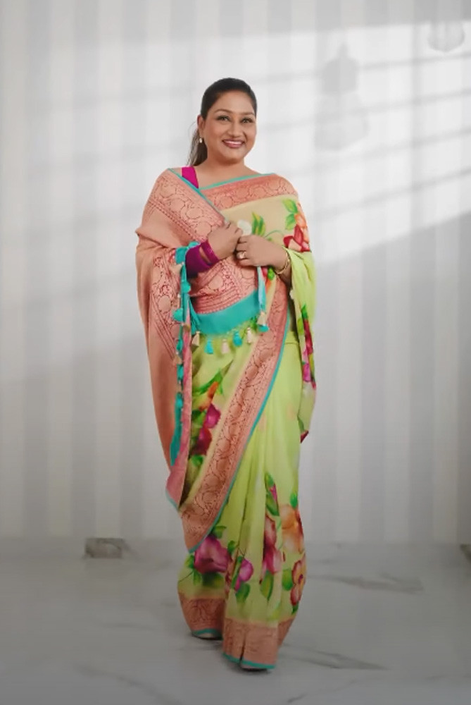Dolly Jain: Hand Painted Georgette Saree Draping