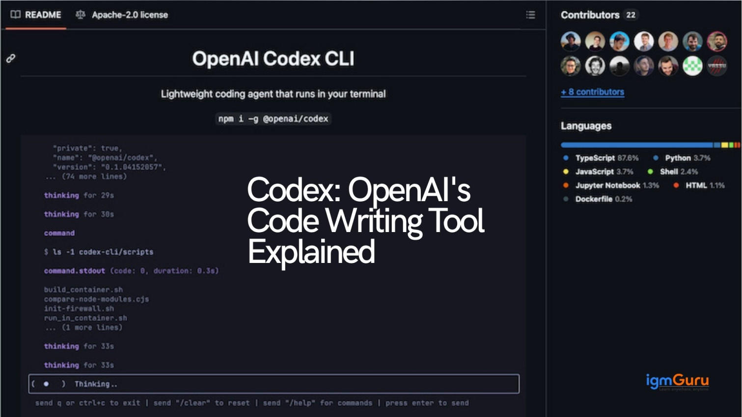 A presentation or article titled "Codex: OpenAI's Code Writing Tool Explained" describes the OpenAI Codex CLI, highlighting its role as a lightweight coding agent that runs in a te