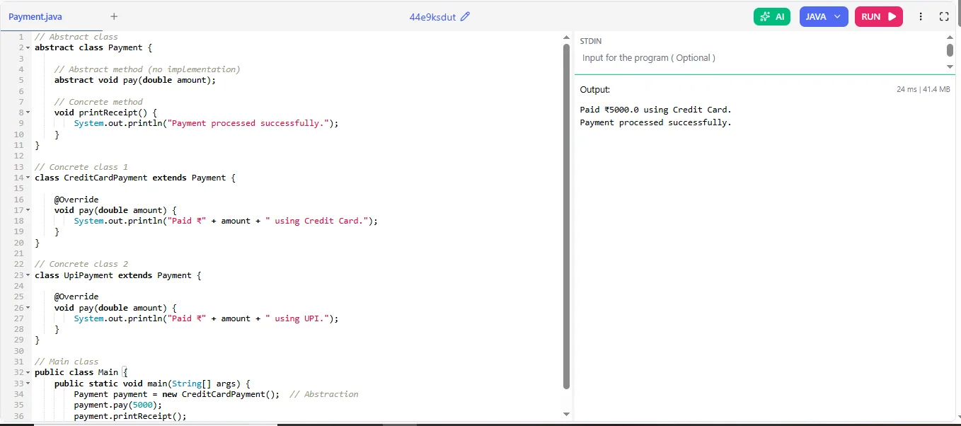 abstraction in java payment system