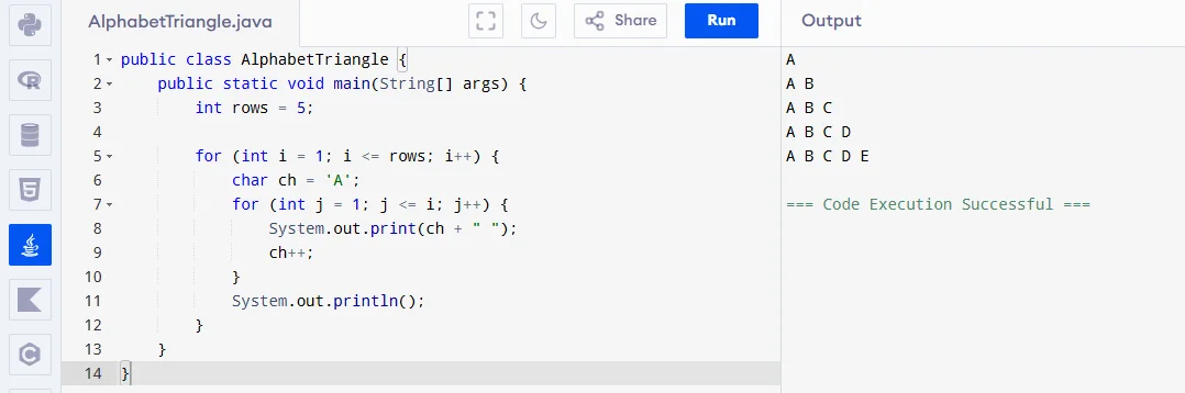 alphabet triangle pattern program in java