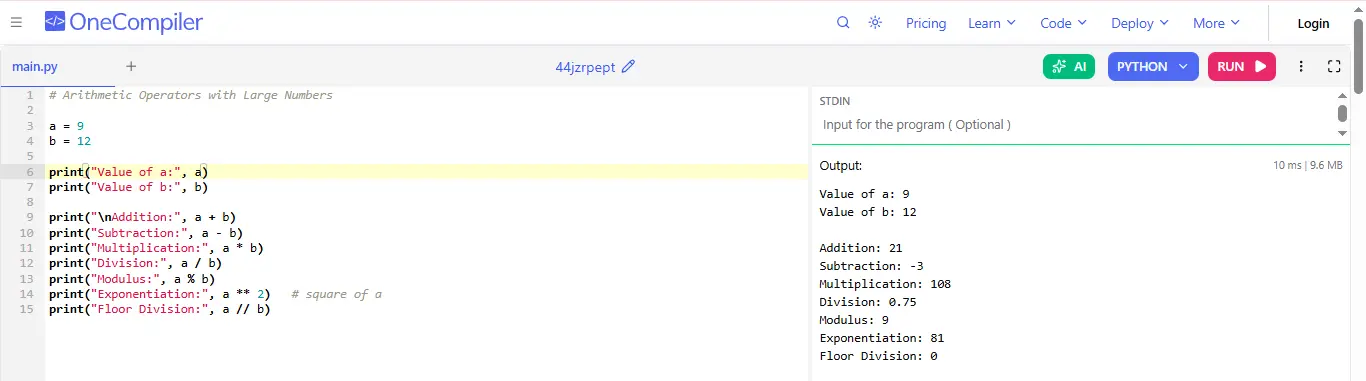 arithmetic operators in python