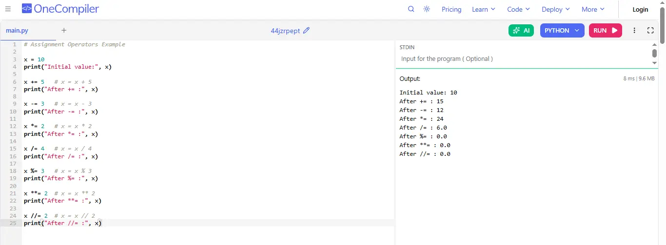 assignment operators in python