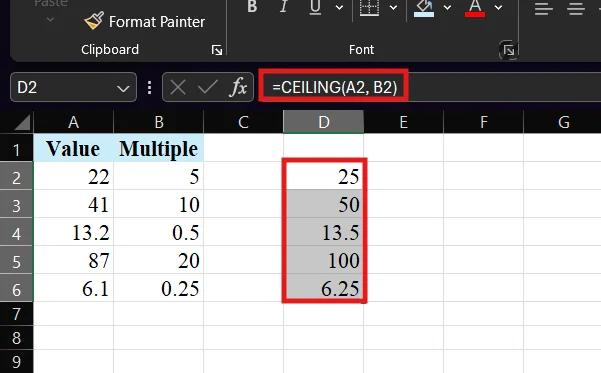 ceiling function in excel