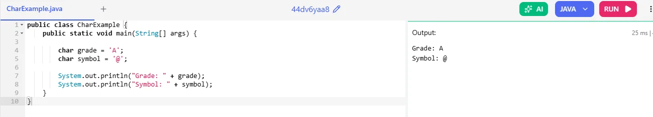 character data type in java