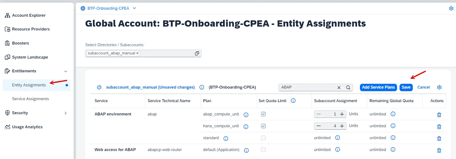 choose configure entitlements in abap