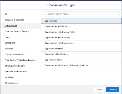choose report type in Salesforce