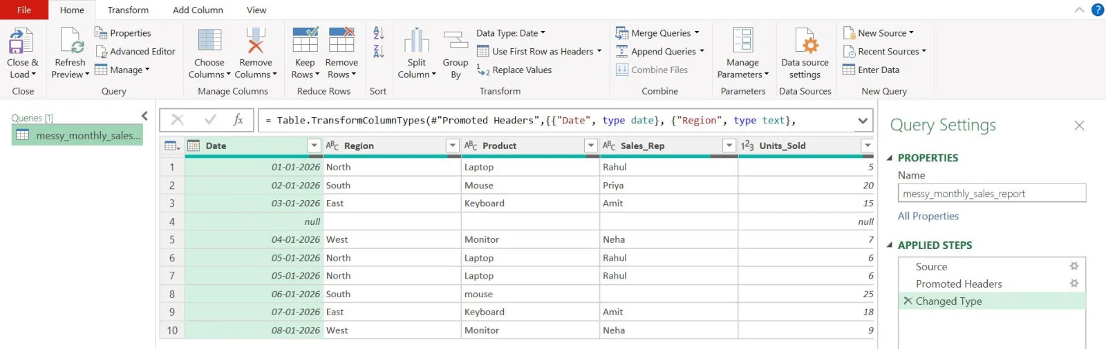 clean the data in power query