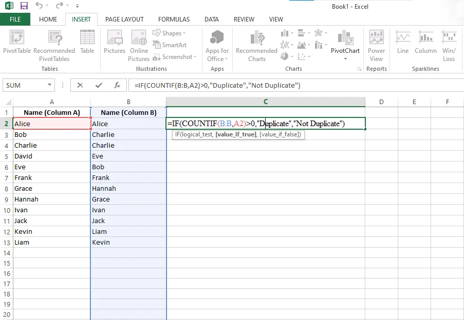 how to compare two columns in excel using the countif function
