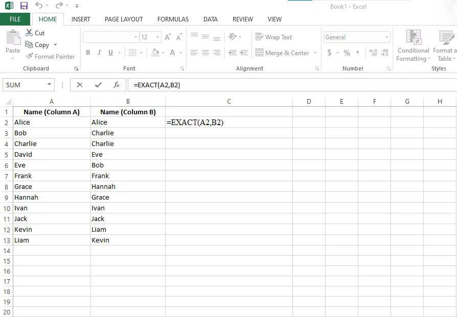 how to compare two columns in excel using the exact function