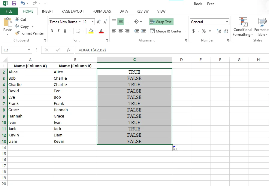 how to compare two columns in excel using the exact function