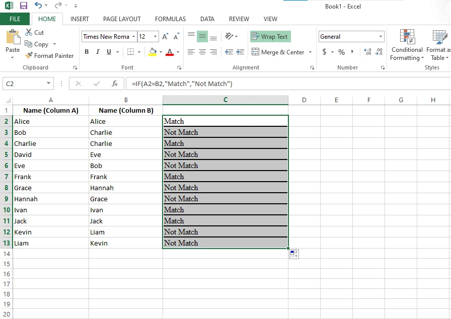 how to compare two columns in excel using the if function