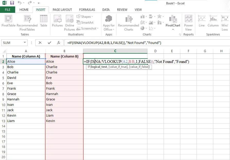 how to compare two columns in excel using the vlookup function