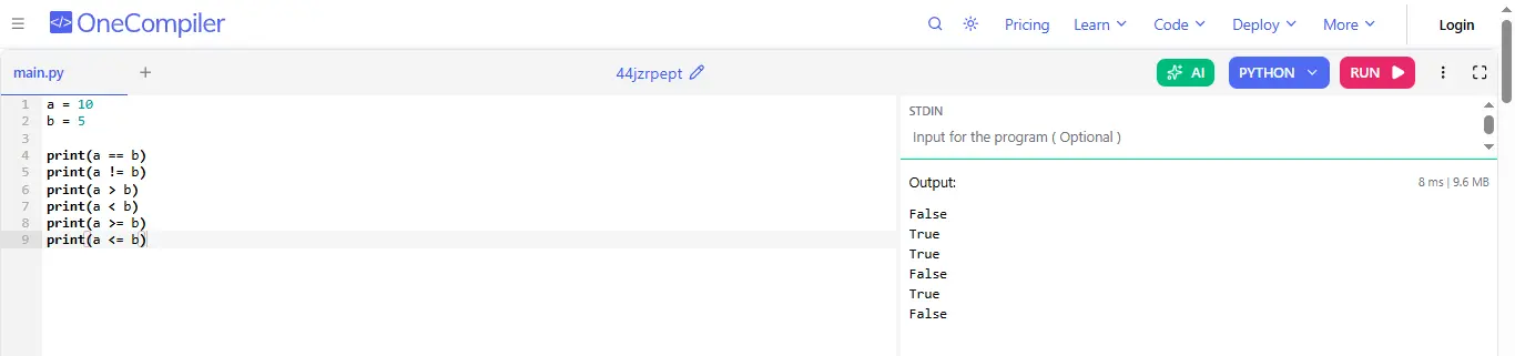 comparison or relational operators in python