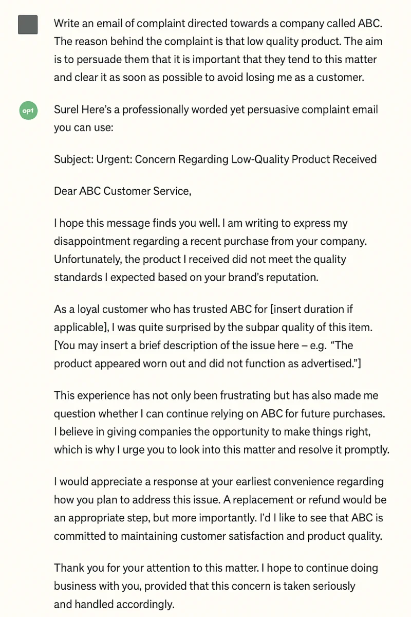 complaint email prompt
