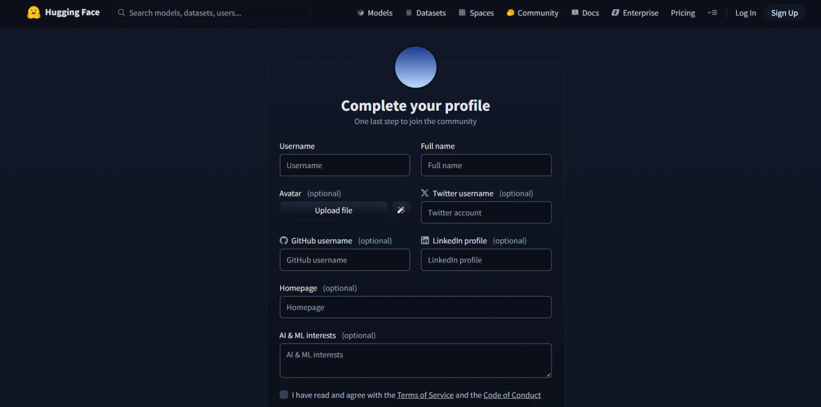 complete your profile on hugging face