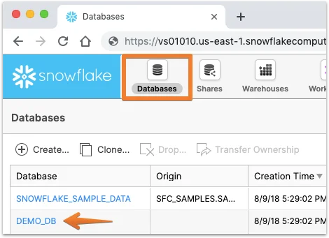 Selecting database in Snowflake dashboard