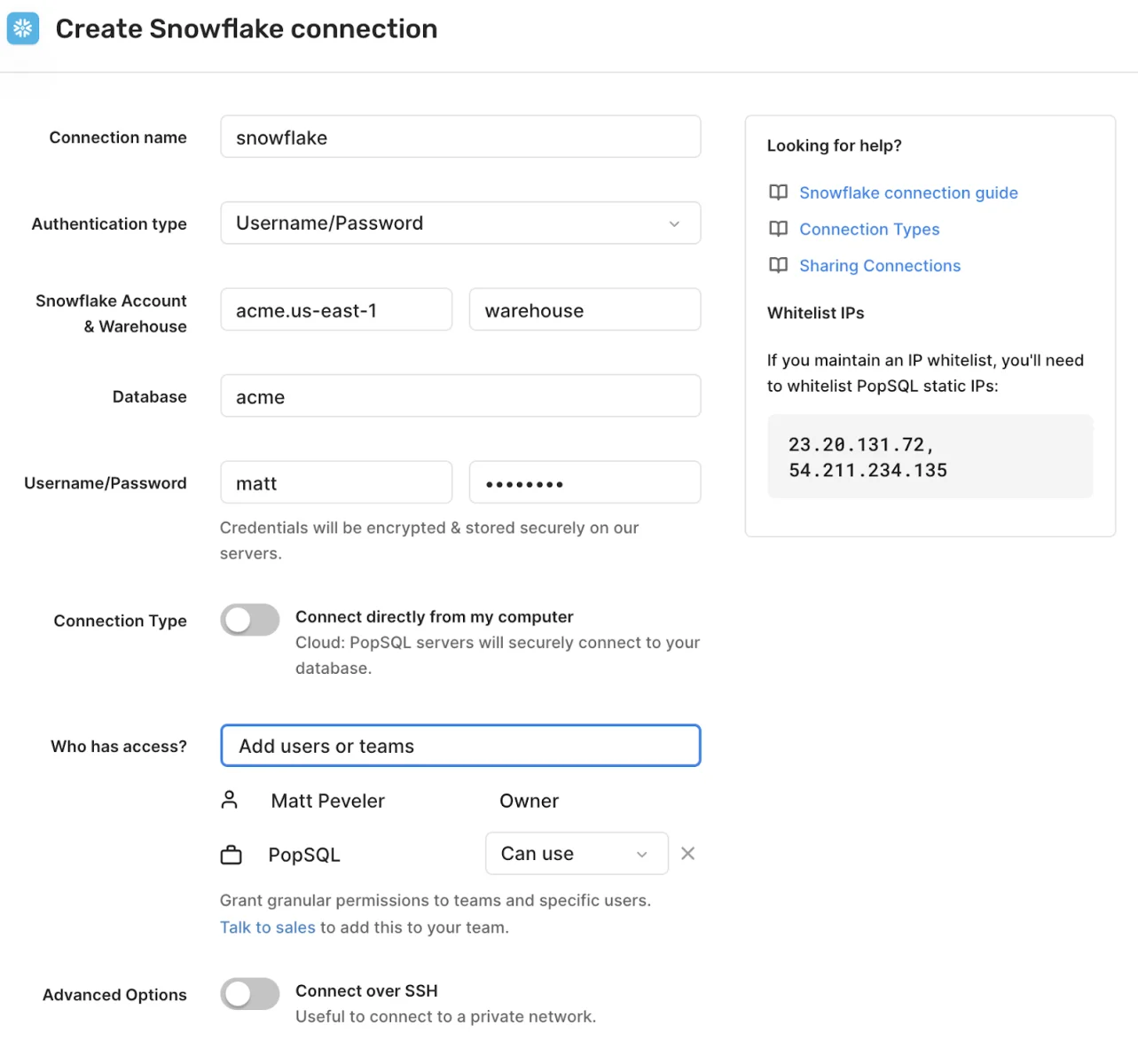 Final connect button for Snowflake setup