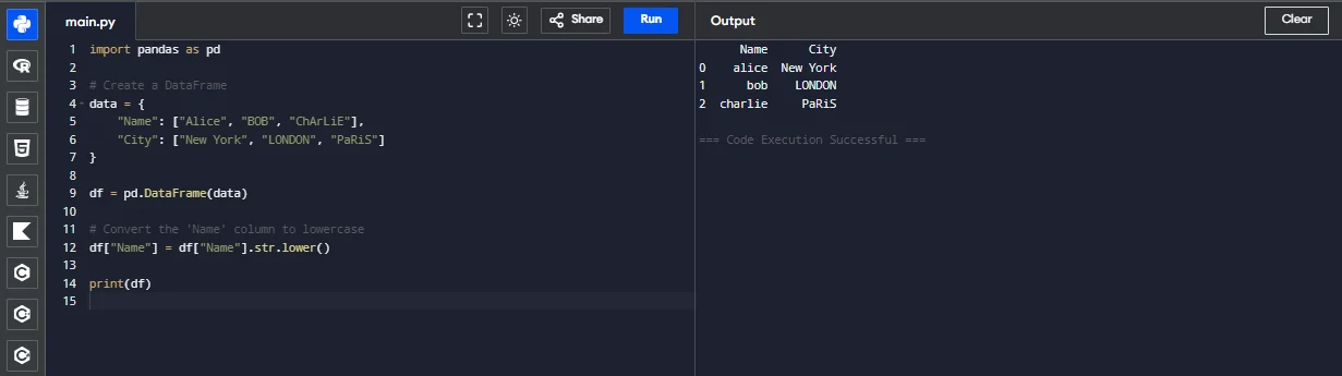 convert a pandas column to lowercase example