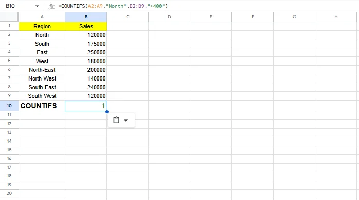 COUNTIFS formula in Excel example