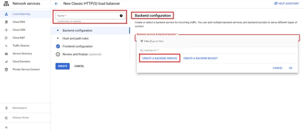 Create a Backend Service button