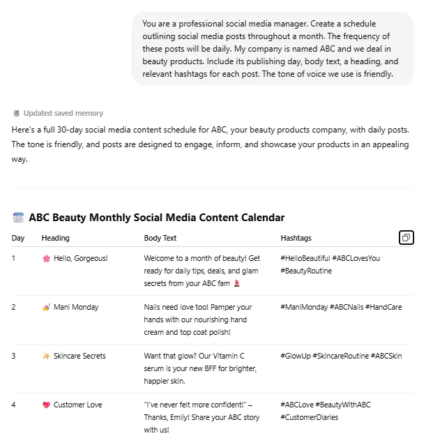 create a social media calendar using chatgpt