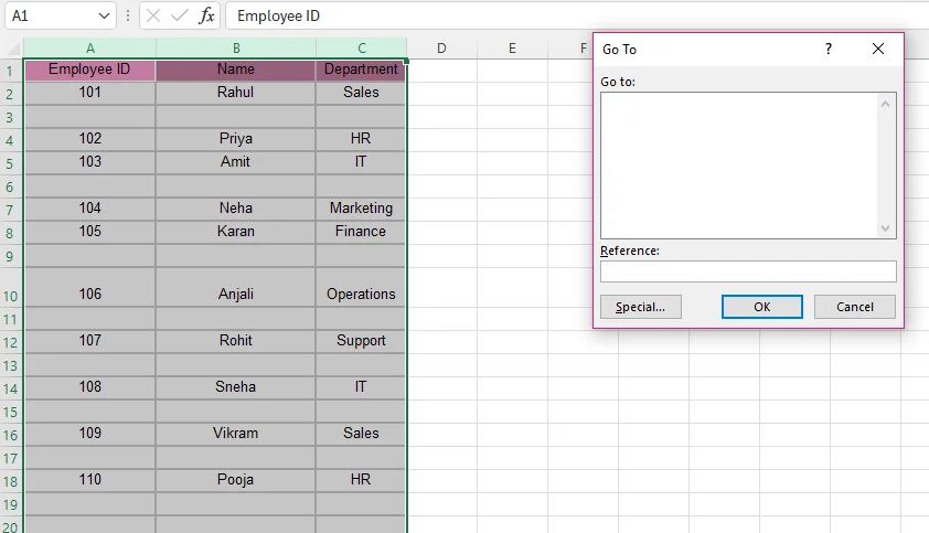 How to remove blank rows in excel using go to speacial method