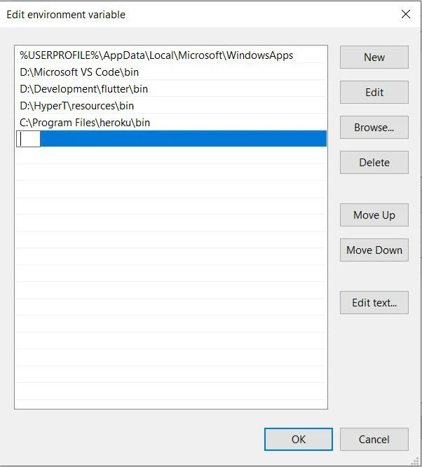 edit environment variables for flutter in windows
