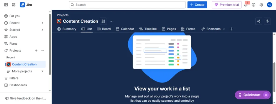 Features of Project Management template in Jira